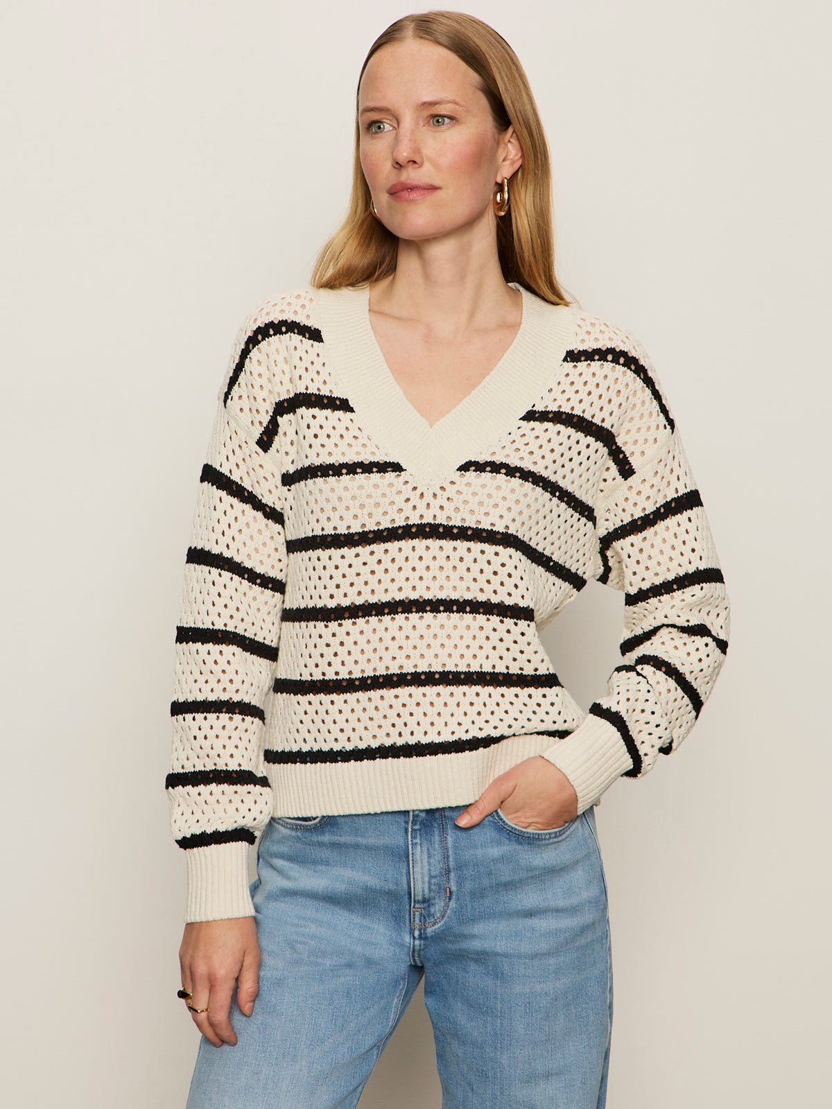 Airy Openwork Sweater Chalk Black Stripe