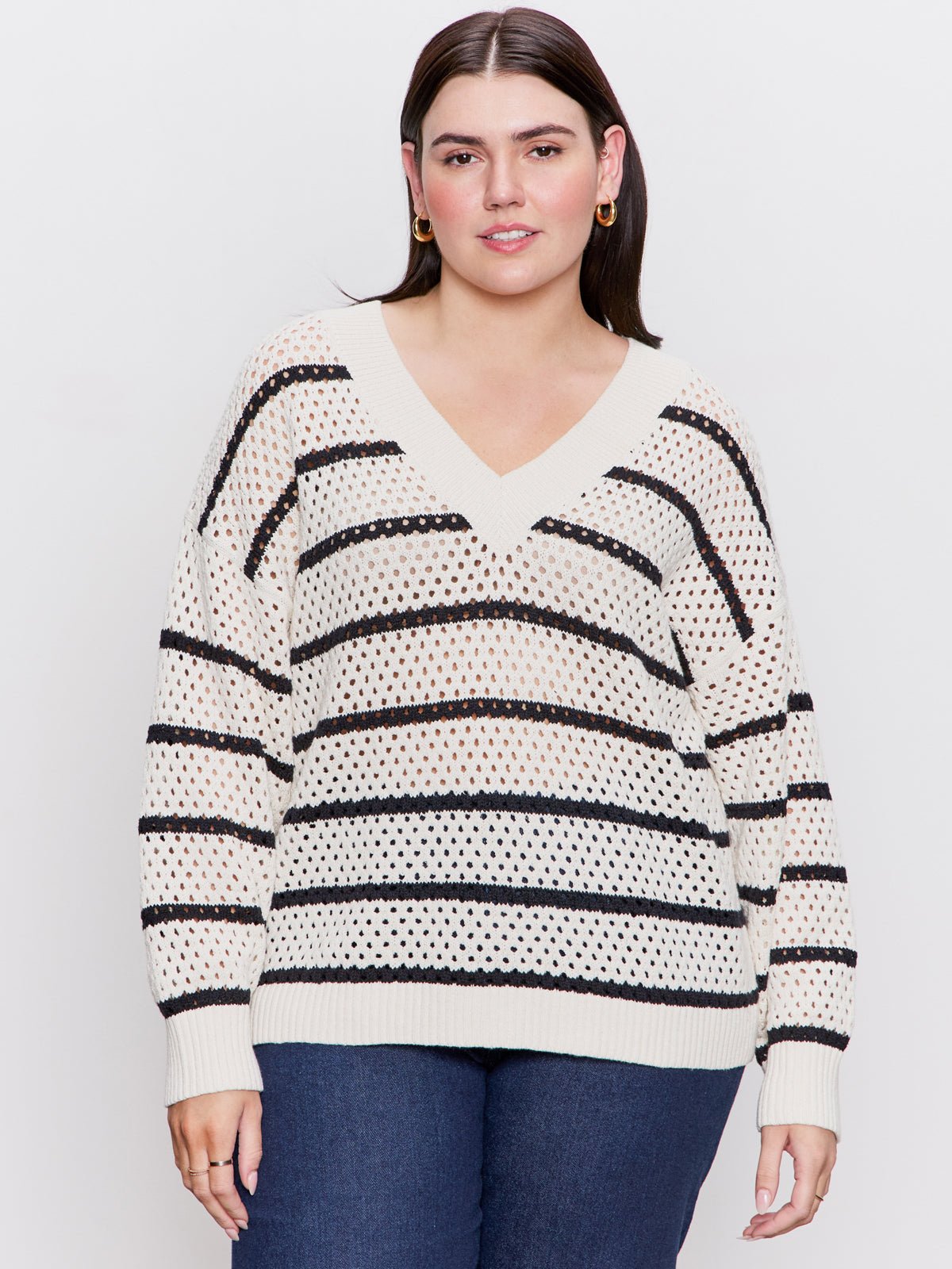 Airy Openwork Sweater Chalk Black Stripe Extended Sizing
