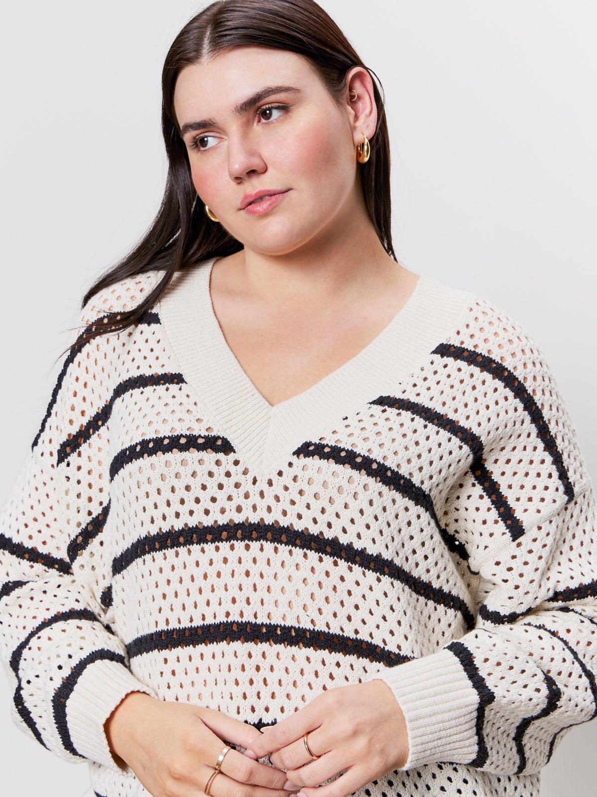 Airy Openwork Sweater Chalk Black Stripe Extended Sizing