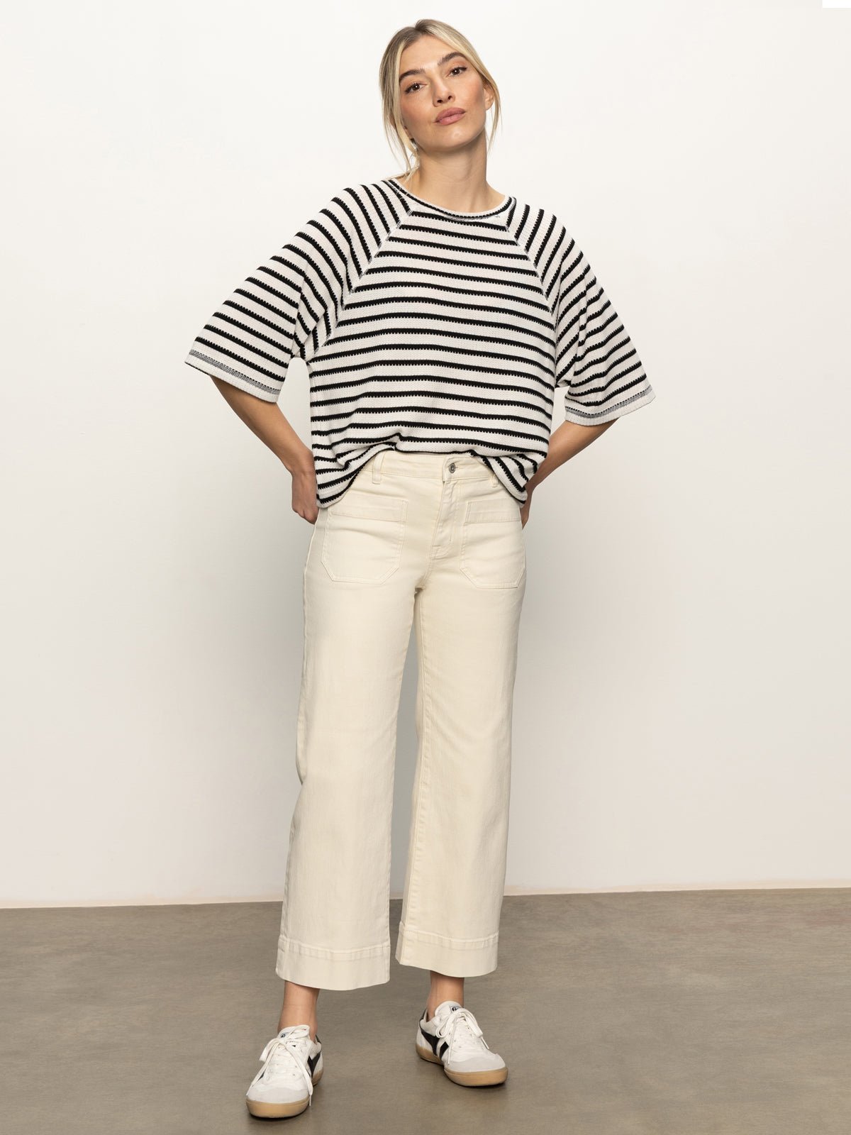 Boxy Raglan Tee Black with Light Oat Stripe