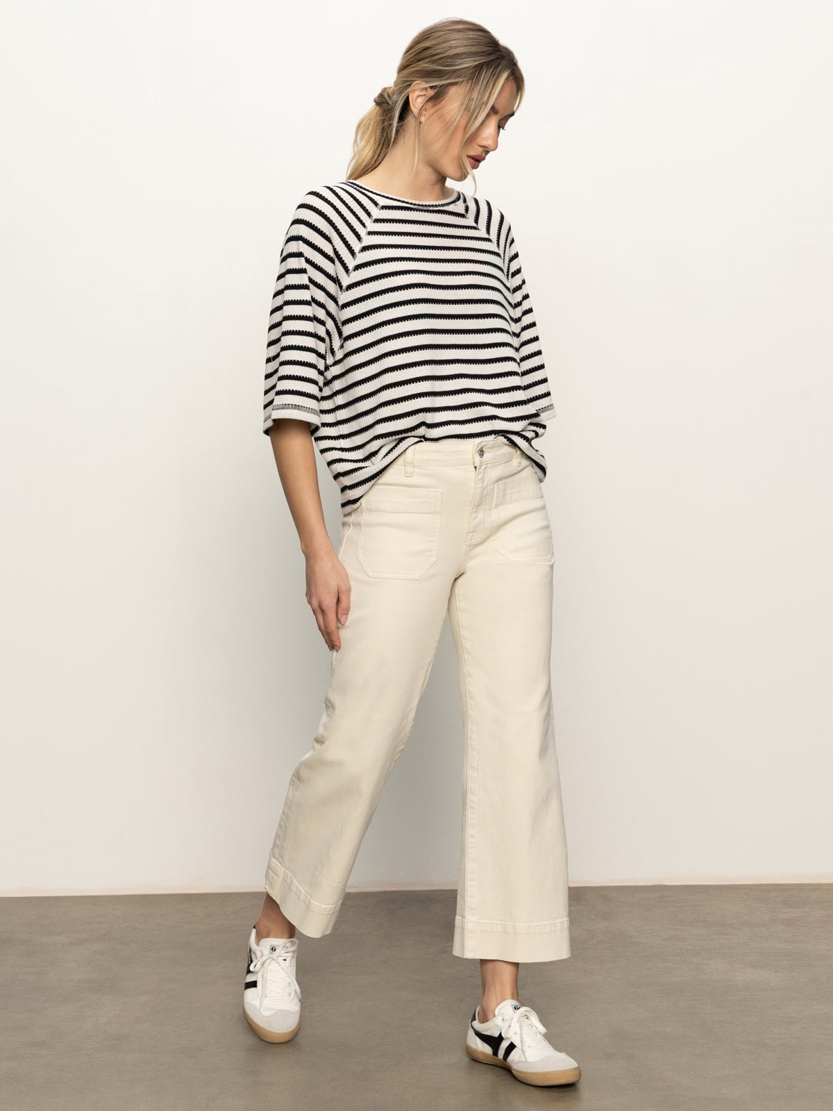 Boxy Raglan Tee Black with Light Oat Stripe