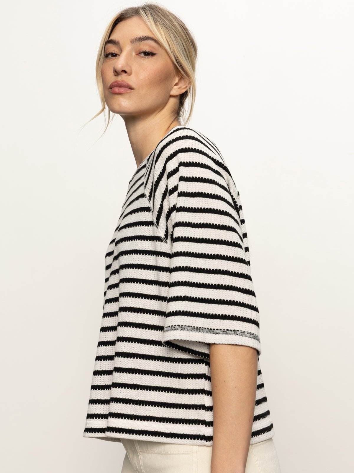 Boxy Raglan Tee Black with Light Oat Stripe