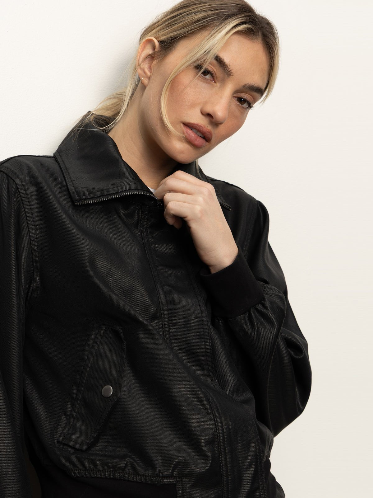 Coated Twill Bomber Jacket Black