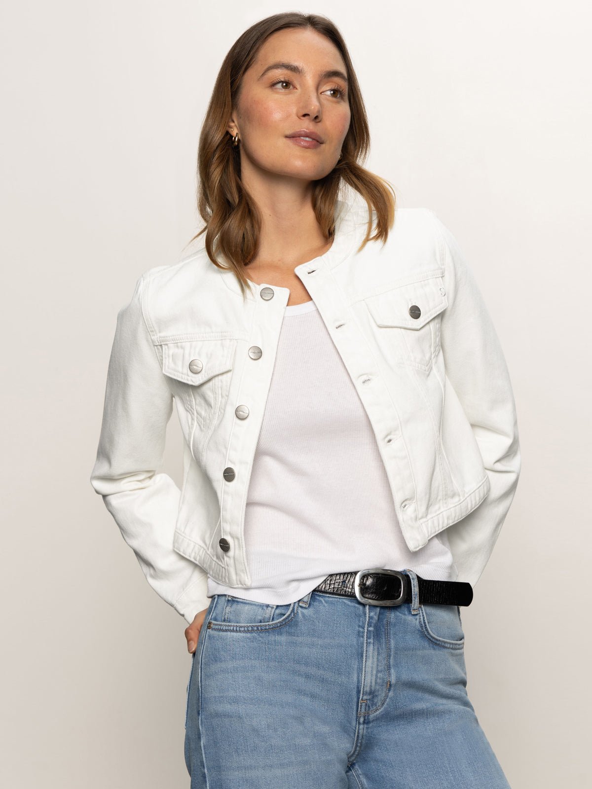 Denim Collarless Lady Jacket White