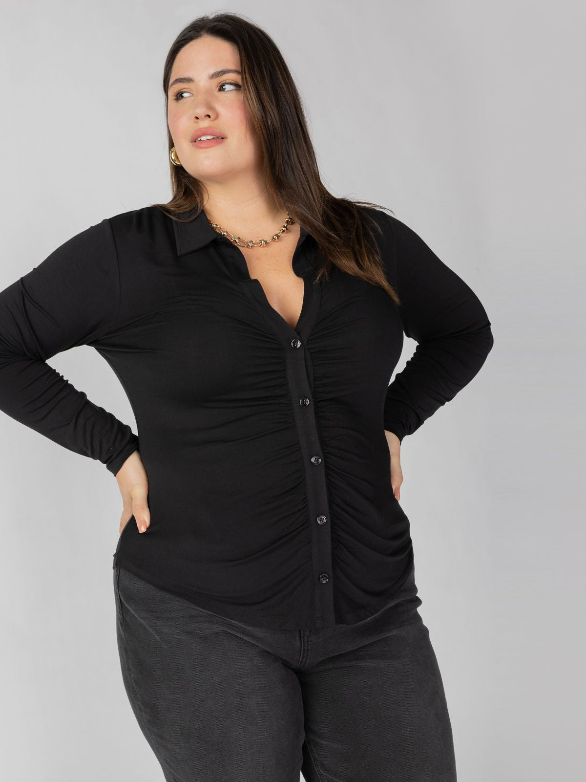 Dreamgirl Knit Button Up Top Black Extended Sizing