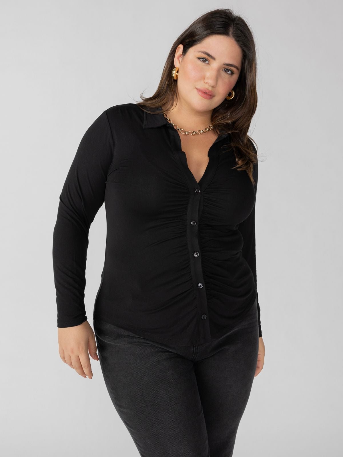Dreamgirl Knit Button Up Top Black Extended Sizing