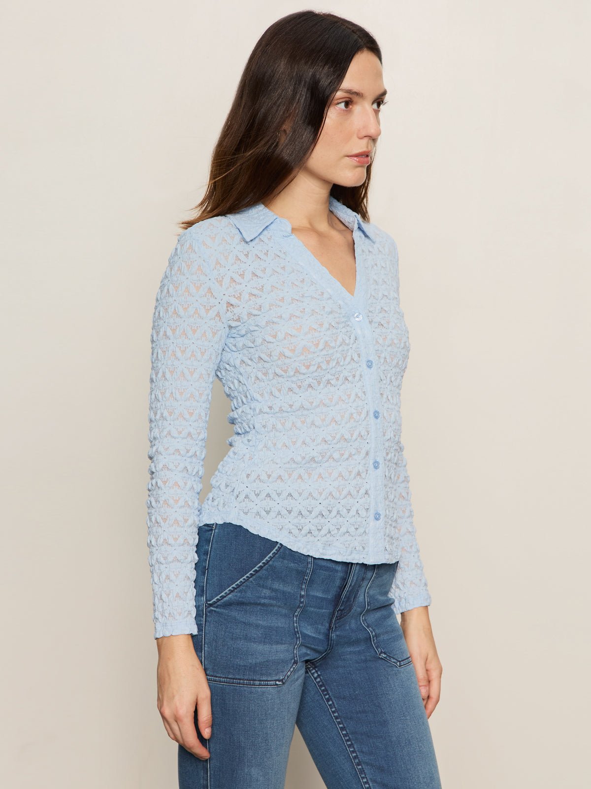 Dreamgirl Lace Button Up Top Blue Powder