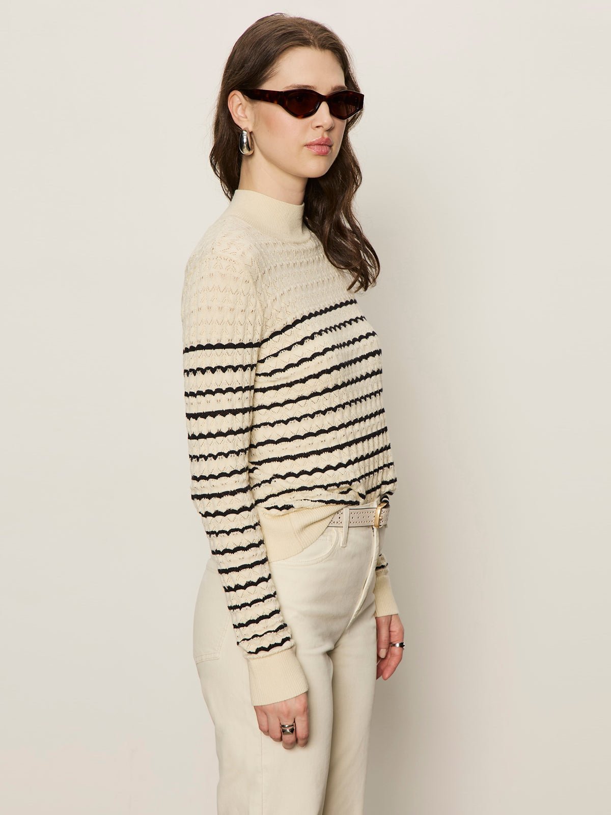 Forever Striped Mock Neck Vanilla Creme With Black Stripe
