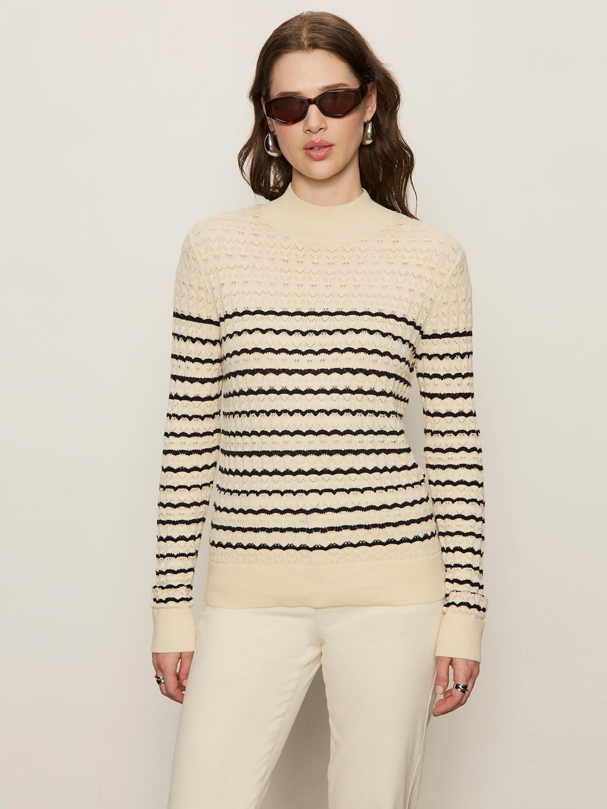 Forever Striped Mock Neck Vanilla Creme With Black Stripe