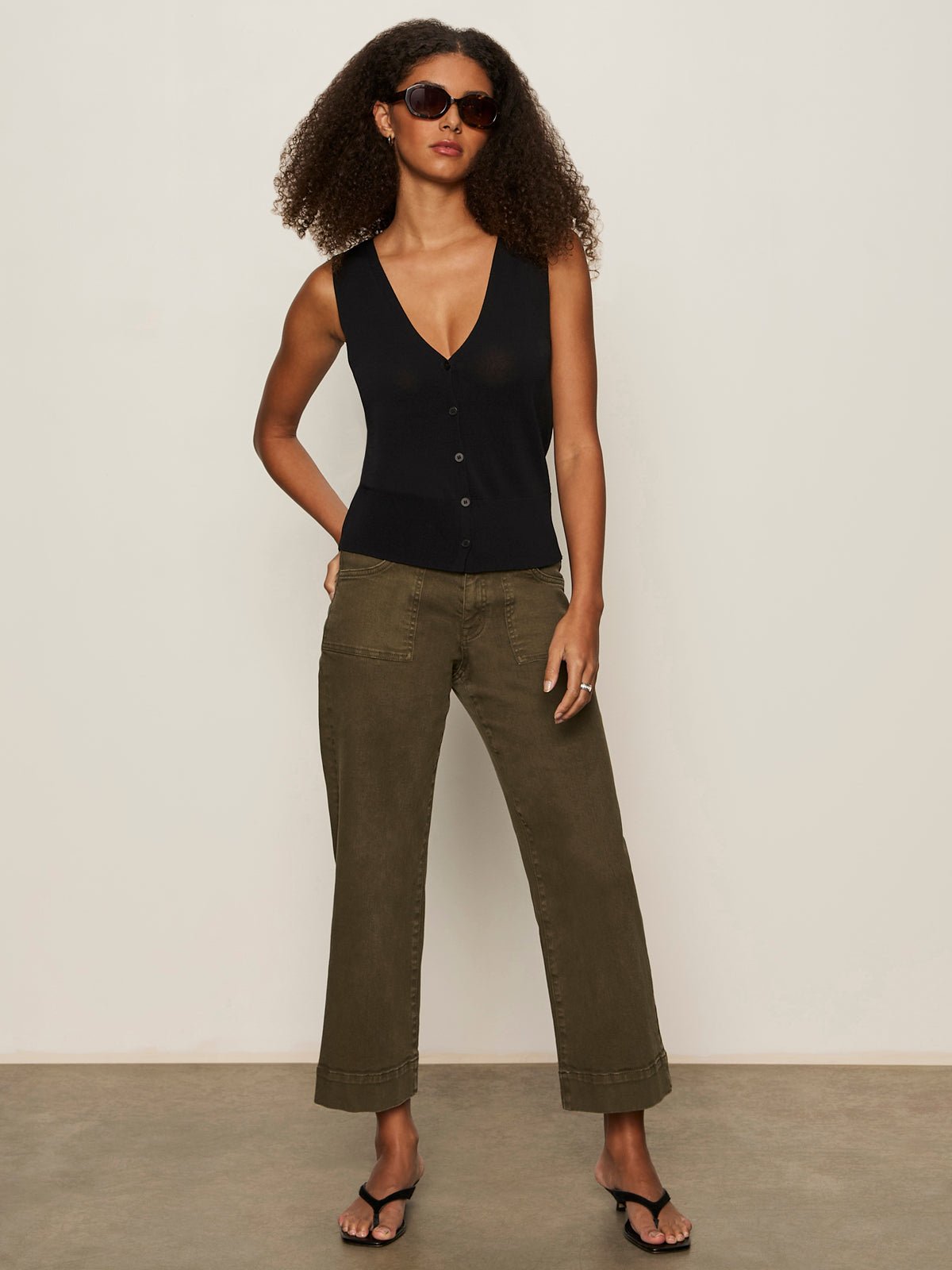 Knitted Button Front Top Black