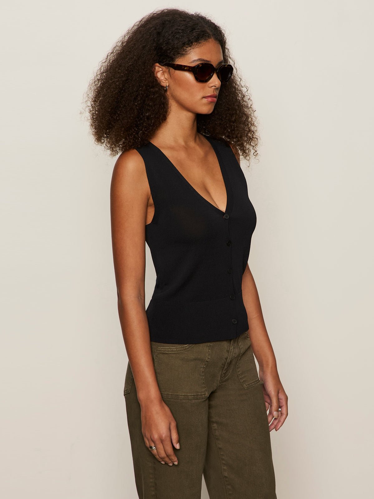 Knitted Button Front Top Black